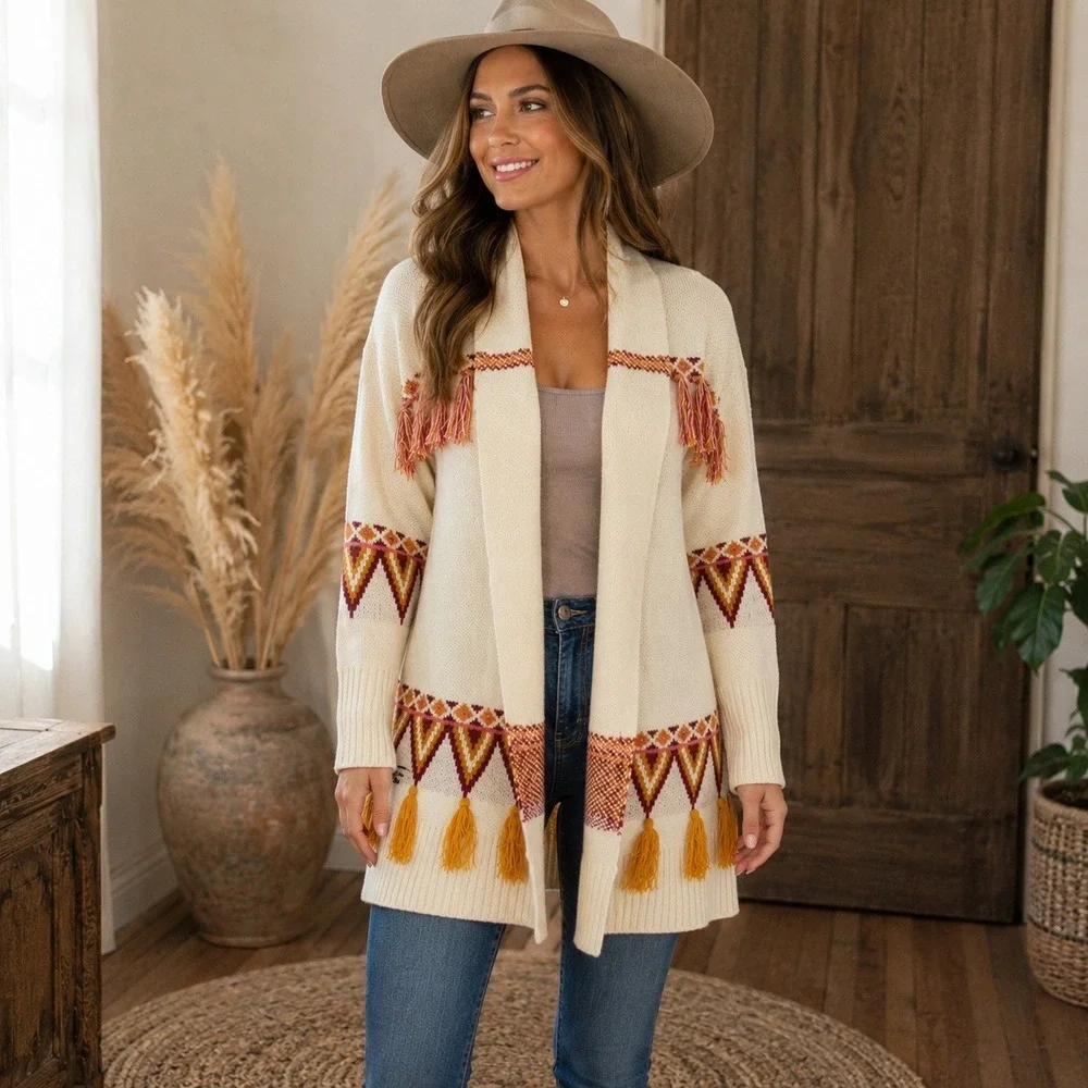 Matilda Jane Open Front Cardigan Sweater Tassel Boho Southwestern Women's S